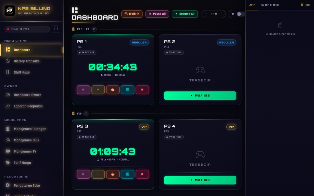 Dashboard kasir NP2 dengan timer realtime tiap unit PlayStation